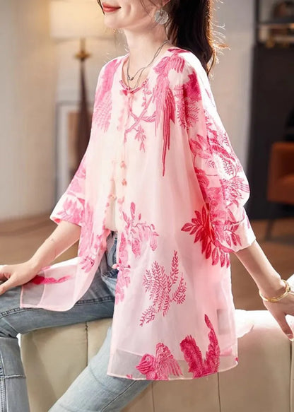 French Pink O-neck Print Silk Shirt Bracelet Sleeve