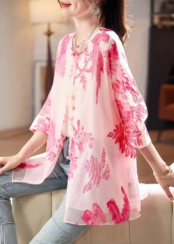 French Pink O-neck Print Silk Shirt Bracelet Sleeve