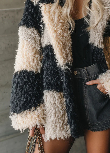 Colorblock Peter Pan Collar Faux Fur Coat Outwear Winter