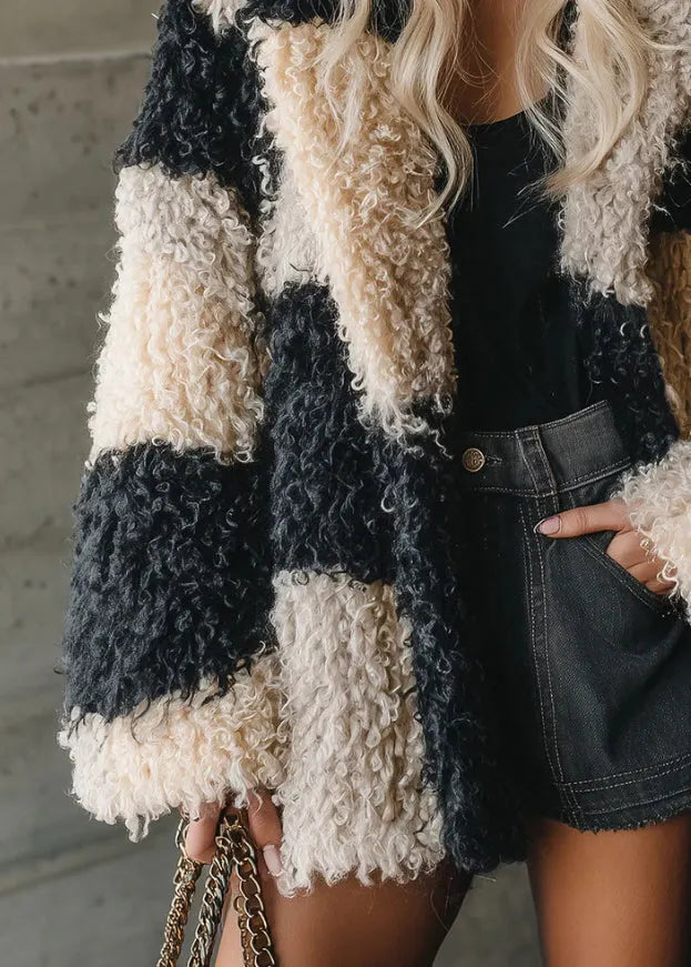 Colorblock Peter Pan Collar Faux Fur Coat Outwear Winter