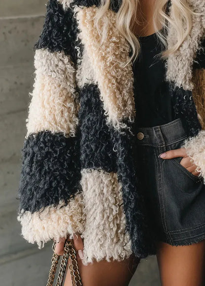 Colorblock Peter Pan Collar Faux Fur Coat Outwear Winter
