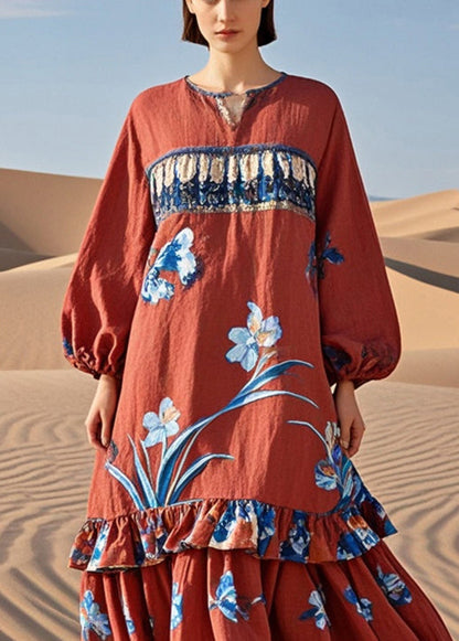 Red Ruffled Patchwork Print Cotton Holiday Dress Fall