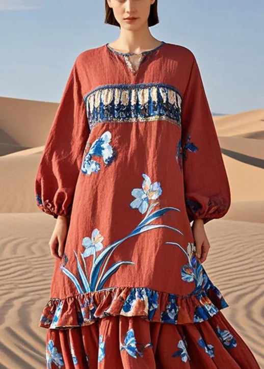 Red Ruffled Patchwork Print Cotton Holiday Dress Fall