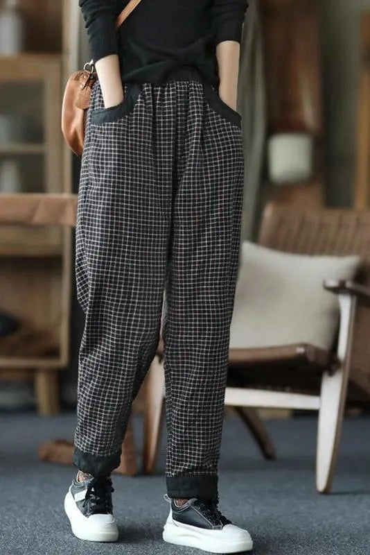 Cotton Linen Plaid Elastic Waist Pants