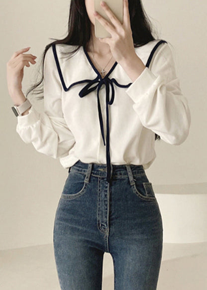 French White Peter Pan Collar Cotton Shirt Long Sleeve