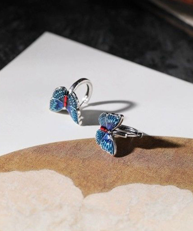 Blue Sterling Silver Butterfly Cloisonne Hoop Earrings