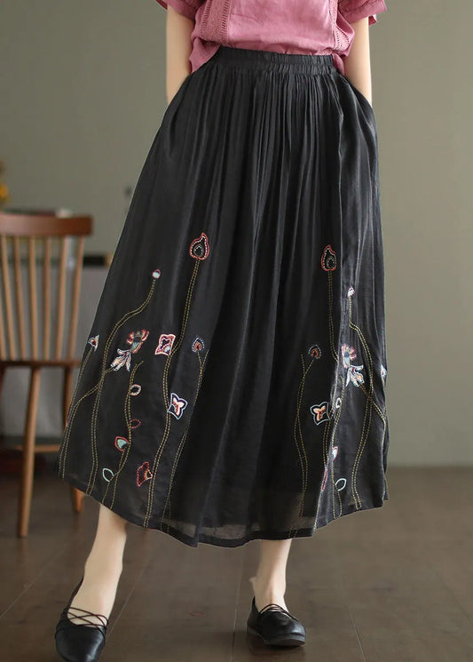 Black Elastic Waist Embroidered Linen Silk Skirt Spring
