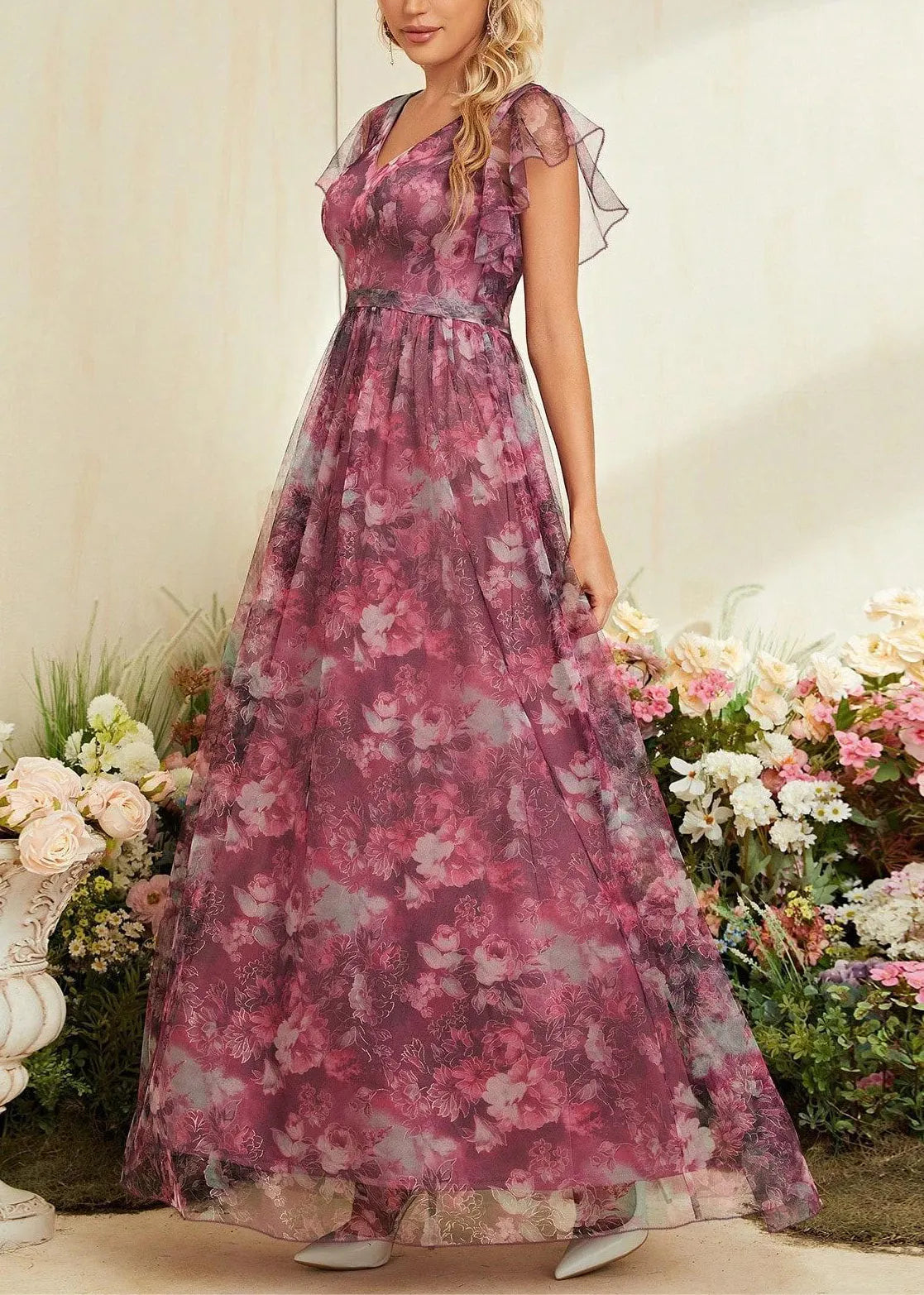 Style Red Print High Waist Tulle Maxi Dress Summer