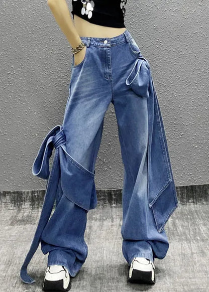 Blue Bow Pockets High Waist Denim Pants Summer