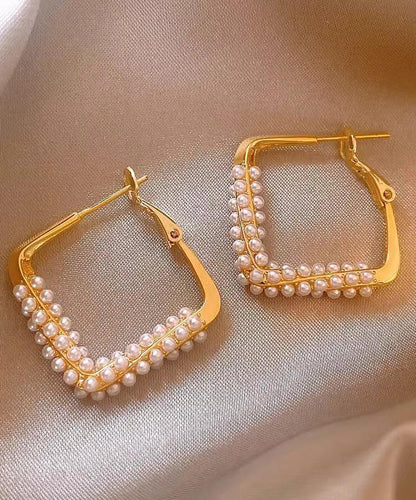 Gold Sterling Silver Overgild Inlaid Pearl Square Hoop Earrings