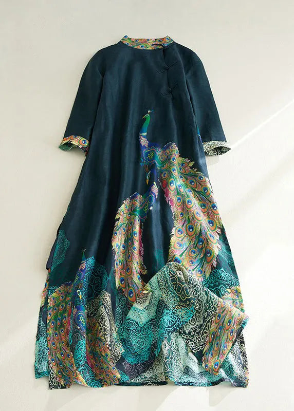 Blackish Green Stand Collar Print Side Open Long Dresses Short Sleeve