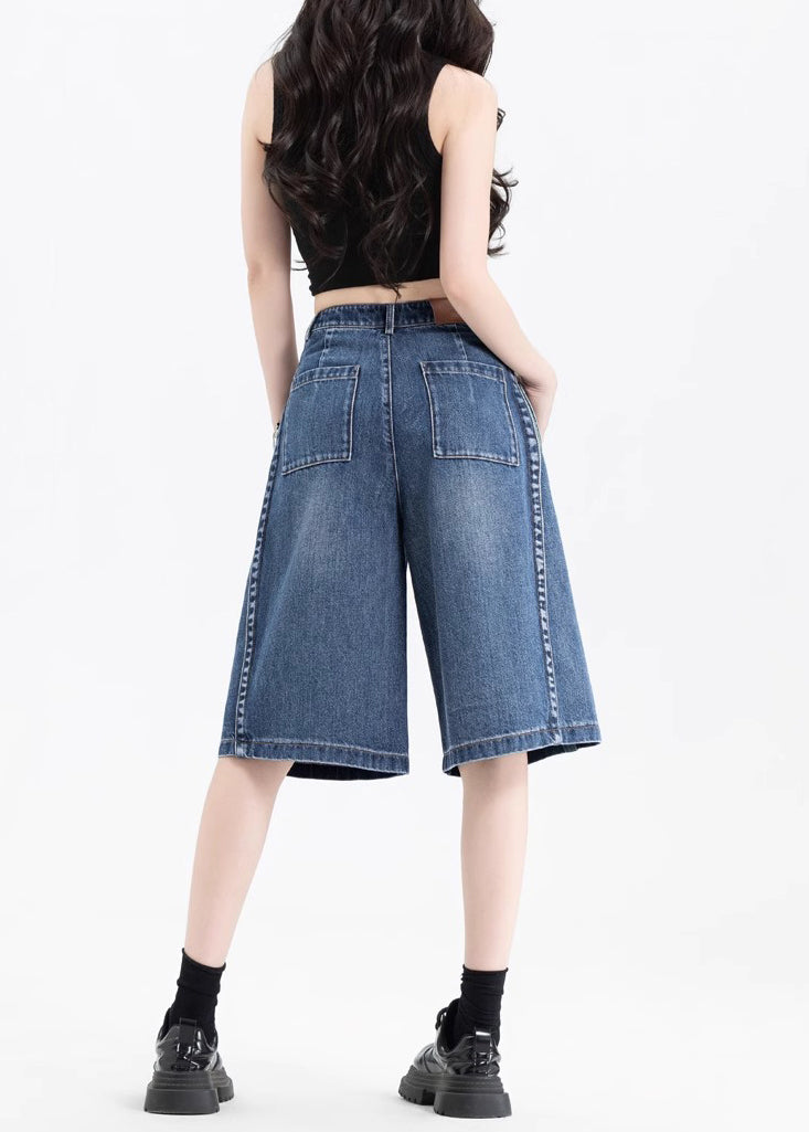 Black Pockets Patchwork Denim Crop Pants Summer