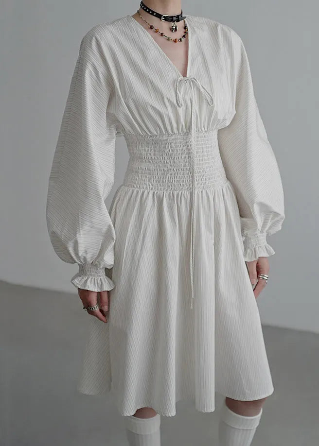 Beige Lace Up High Waist Cotton Dress V Neck Butterfly Sleeve
