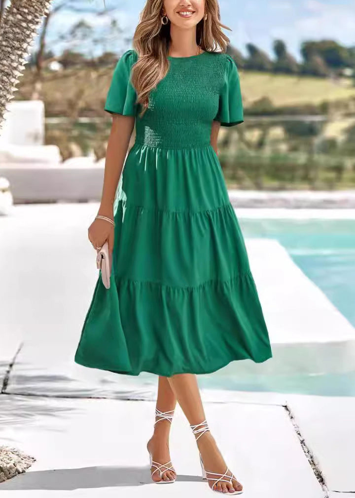 Green O-neck Wrinkled Patchwork Chiffon Dress Summer