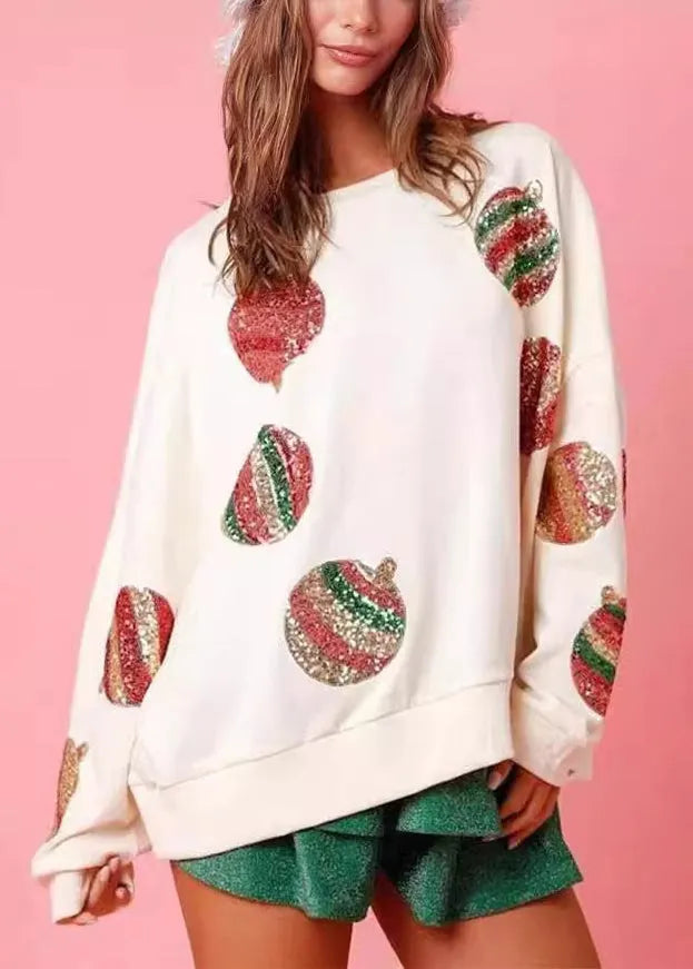 Italian White O Neck Sequins Cotton Sweatshirts Top Winter