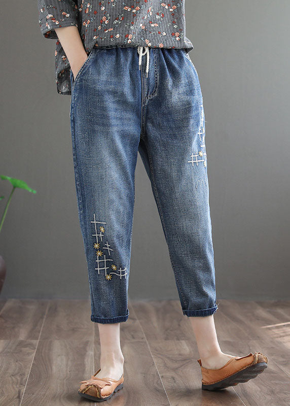 Denim Blue Elastic Waist Embroidered Cotton Crop Pants Spring