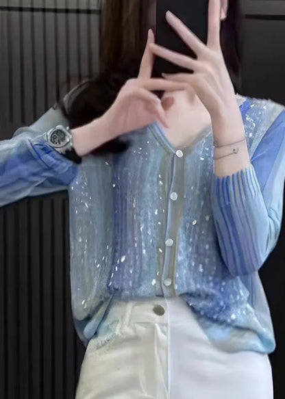 Stylish Blue V Neck Sequins Button Knit Top Fall