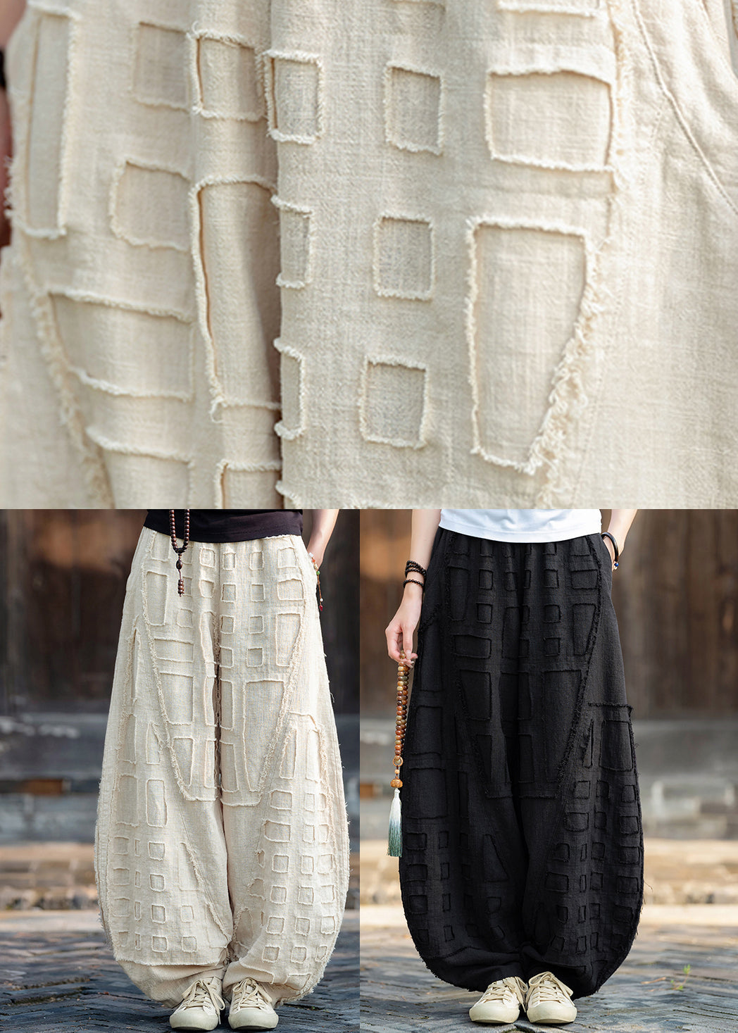 Beige Pockets Patchwork Linen Lantern Pants Fall