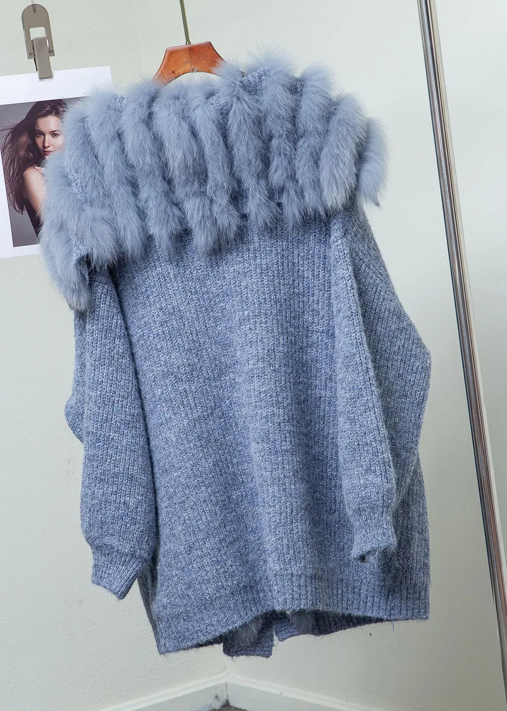 Loose Blue Fox Collar Button Pockets Patchwork Knit Coats Winter