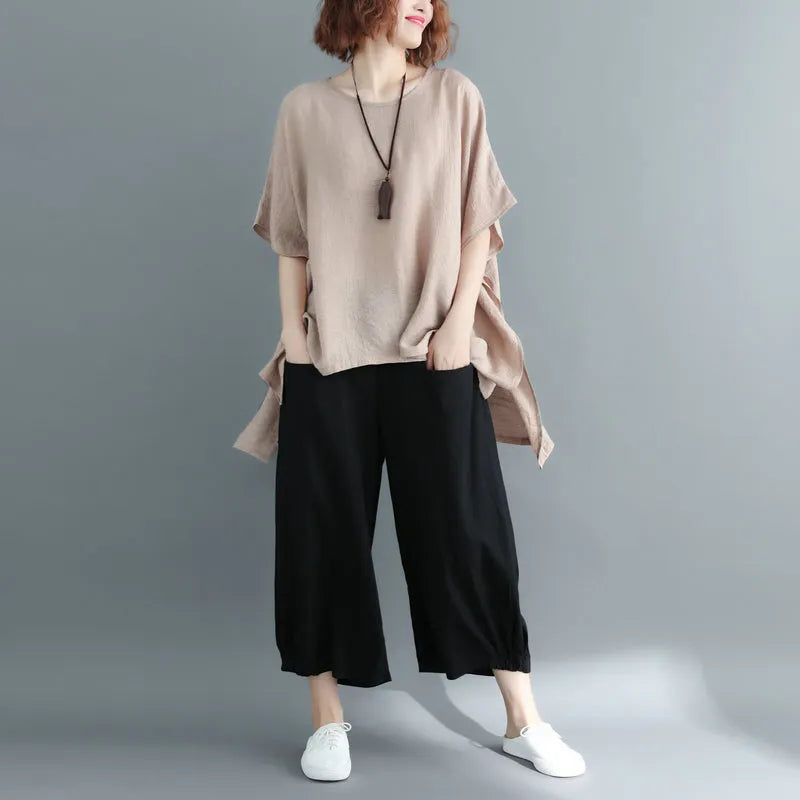 New Khaki Midi-length Cotton Linen T Shirt Loose Fitting Cardigans Short Sleeve O Neck Linen Blouses