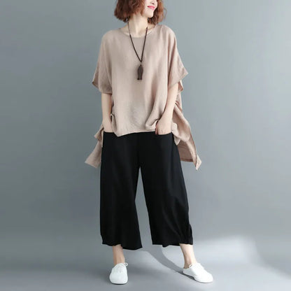 New Khaki Midi-length Cotton Linen T Shirt Loose Fitting Cardigans Short Sleeve O Neck Linen Blouses