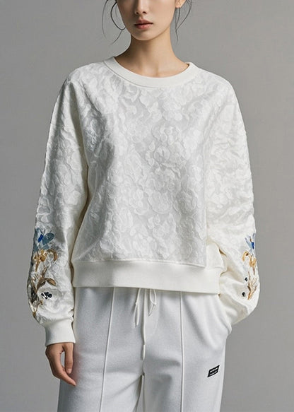 Jacquard White O Neck Cotton Sweatshirt Fall