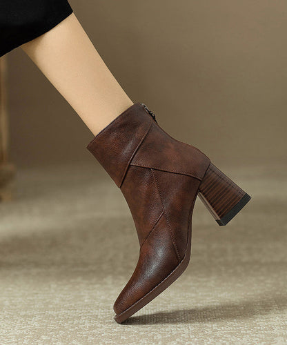 Brown Zippered Faux Leather Splicing Chunky Boots