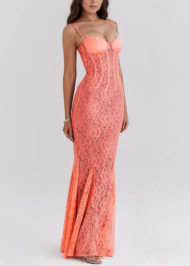 New Orange Backless Lace Slim Fit Spaghetti Strap Dress Summer