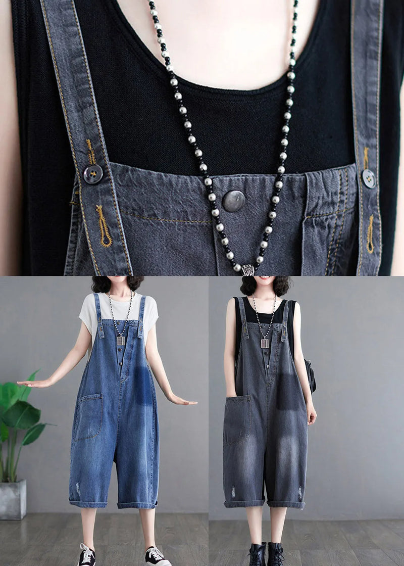 Loose Blue Pockets Patchwork Denim Jumpsuits Summer