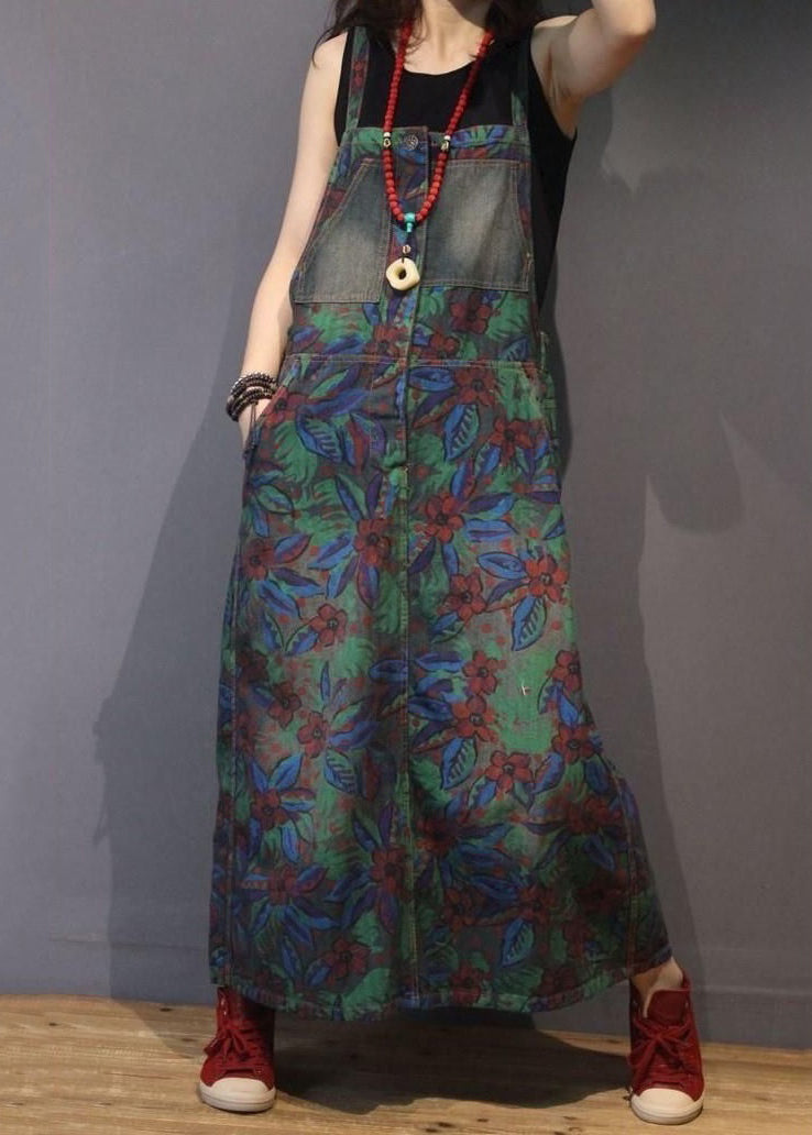 Print Pockets High Waist Denim Straps Dress Sleeveless