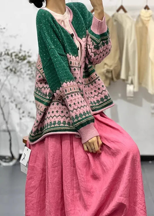 Green O Neck Embroidered Button Knit Cardigans Fall