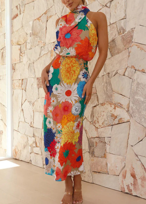 Orange Print Halter Slim Fit Cotton Dresses Sleeveless