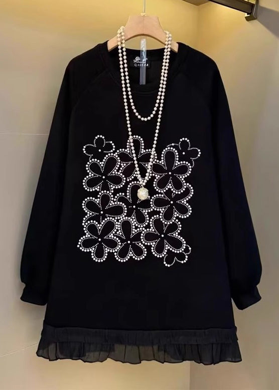 Black Oversized Patchwork Cotton Sweatshirt Fall