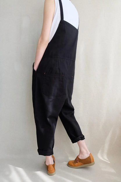 Leisure Cotton Jumpsuits Comfortable Dungarees Wide Leg Pants Overalls With Pockets