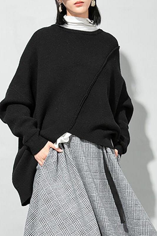 O-neck Knitted Irregular Hem Pure Color Sweater