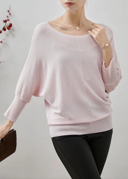 Light Pink Loose Knit Shirt Tops O-neck Batwing Sleeve