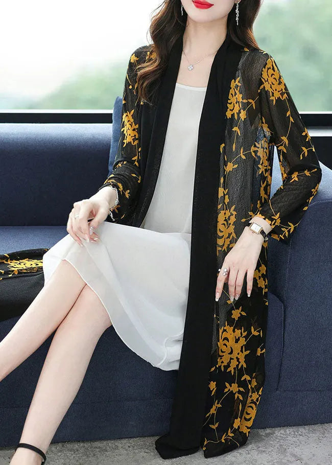 Yellow V Neck Print Long Ice Size Chiffon Cardigans Summer