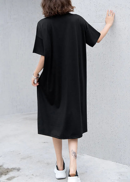Black O Neck Print Nail Bead Cotton Dress Summer