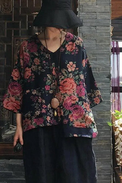 Limited Stock- Print V-neck Long Sleeve Cotton Blouse