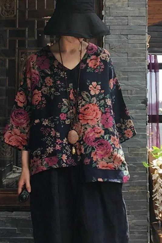 Limited Stock- Print V-neck Long Sleeve Cotton Blouse