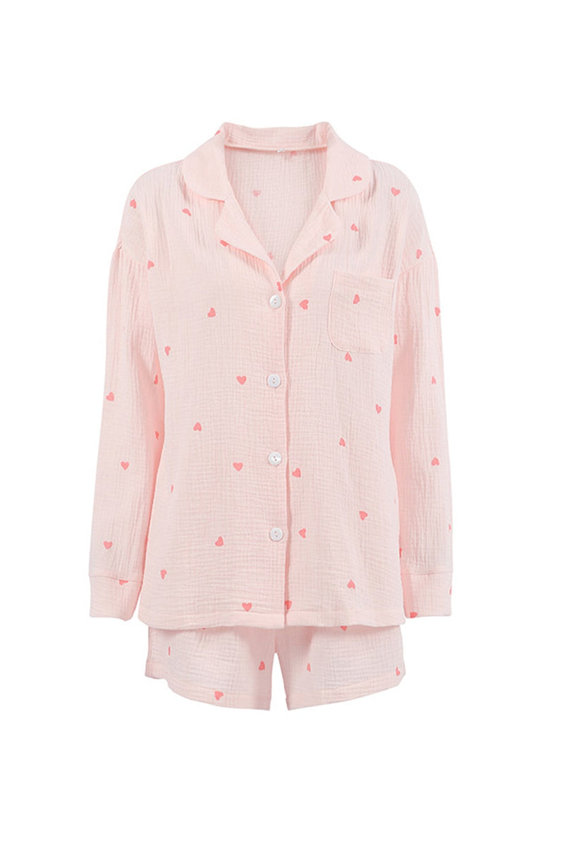 Heart Print Blouse Shorts Cotton Loungewear