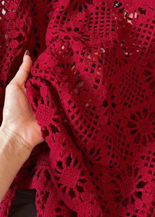 Red O Neck Hollow Out Knit Sweater Fall