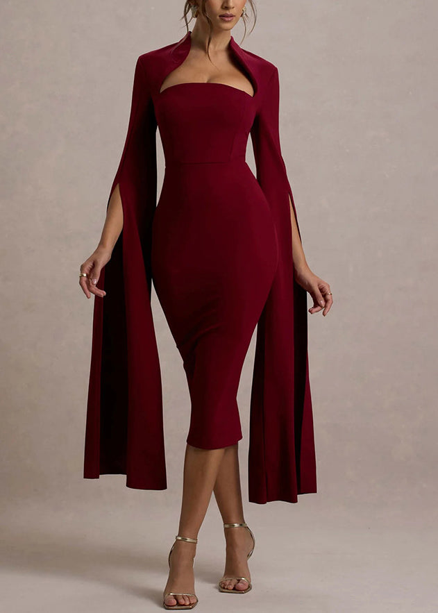 New Wine Red Long Sleeved Slit Ribbon Dress Hollowed Out