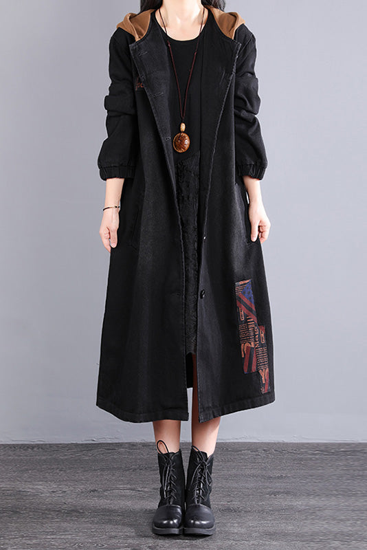 Hooded Patchwork Hooded Denim Jacket Long