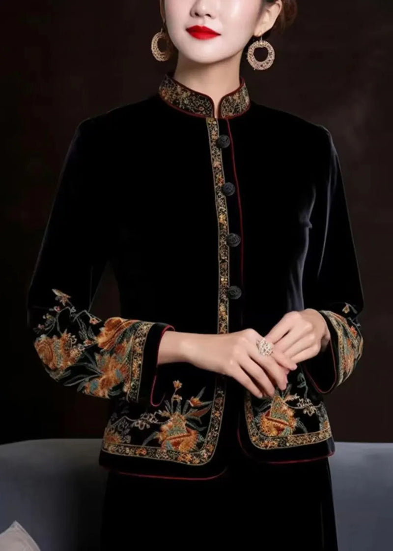 Black Embroidered Button Silk Coats Long Sleeve