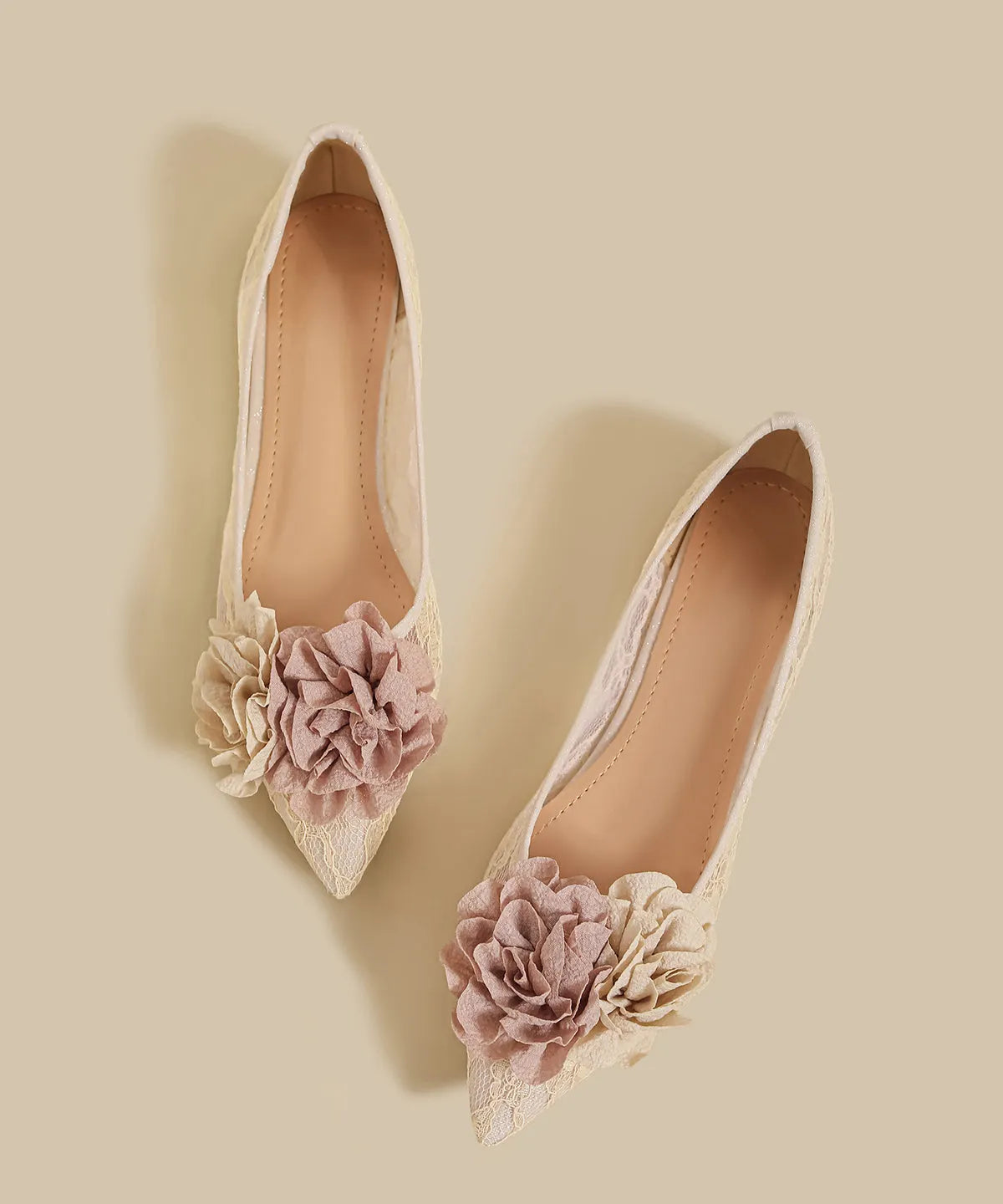 Apricot Lace Flat Feet Shoes Splicing Pointed Toe