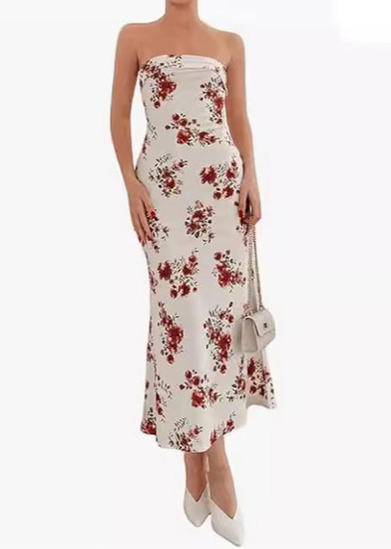Stylish Blue Print Cotton Strapless Dresses Sleeveless