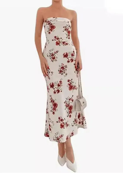 Stylish Blue Print Cotton Strapless Dresses Sleeveless