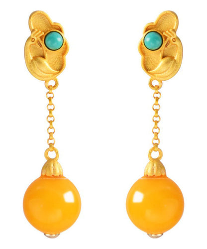 Yellow Sterling Silver Overgild Beeswax Turquoise Drop Earrings