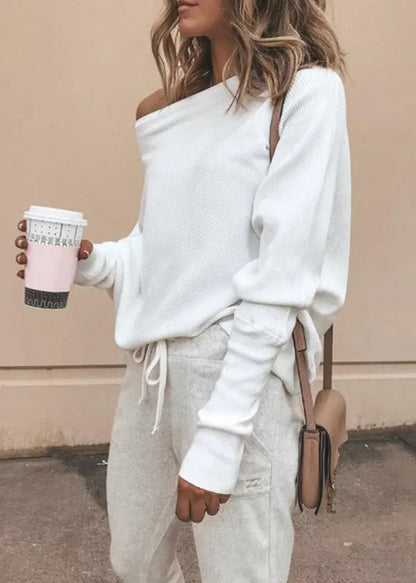 Style White Slash Neck Cotton T Shirts Tops Fall